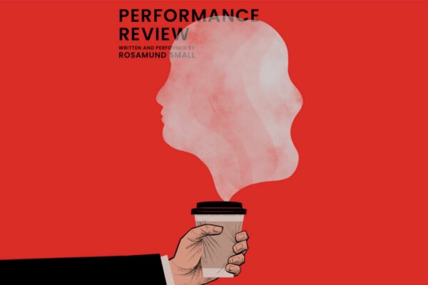 A red graphic with text and an illustrated hand holding a coffee cup